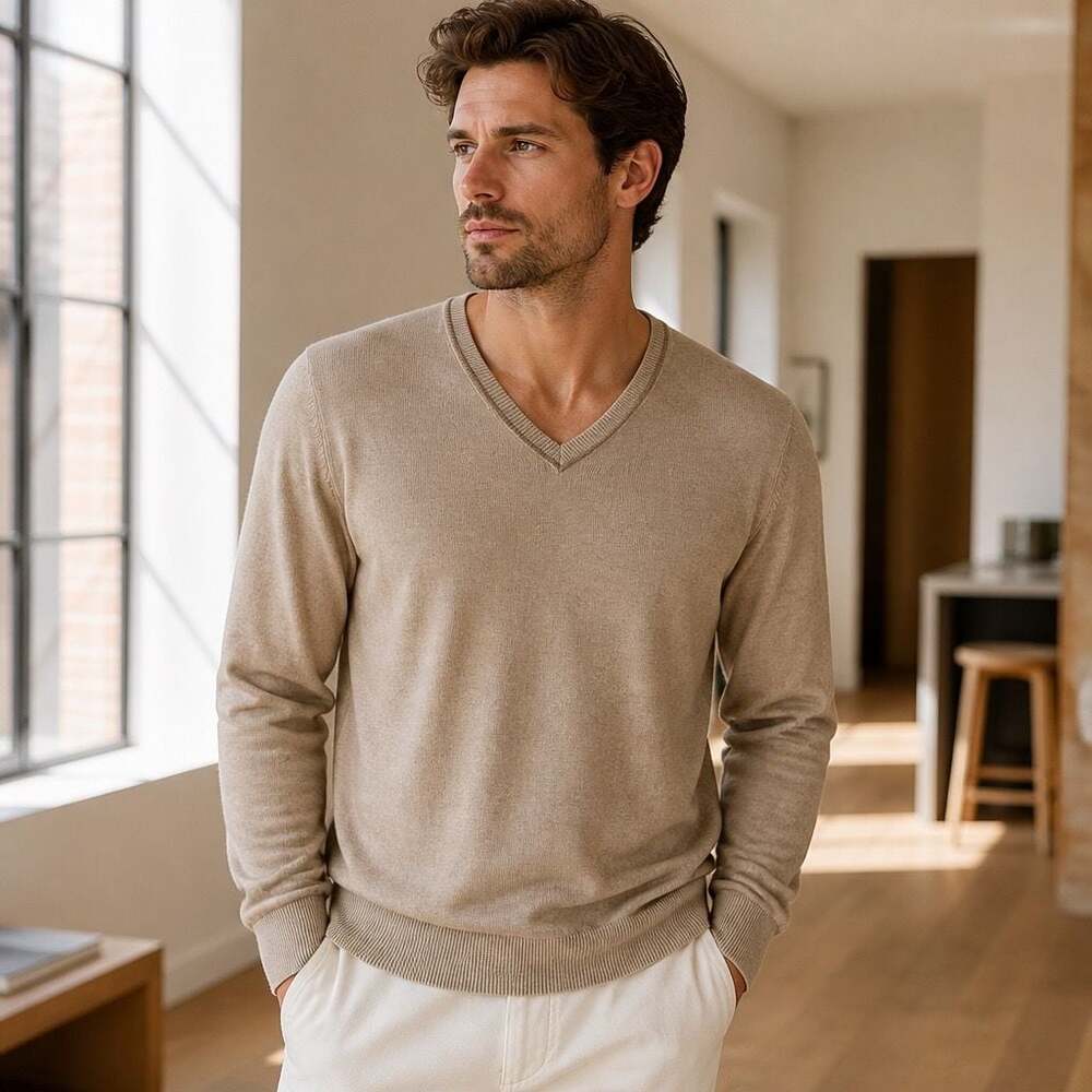 Jos. A. Bank Men's Tan V-Neck Cotton Cashmere Blend Long Sleeve Sweater XXL